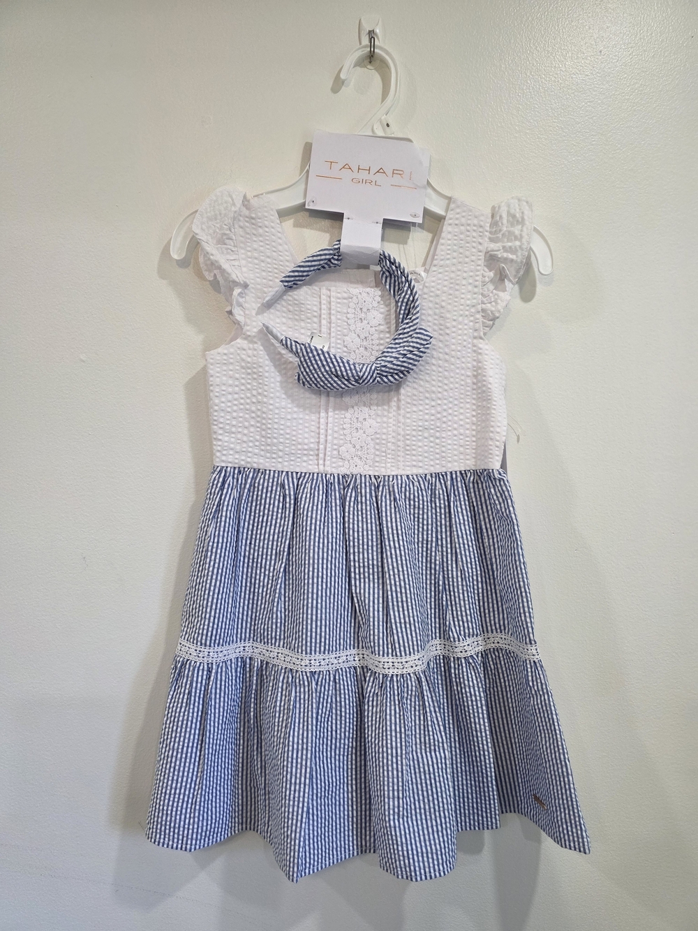 Tahari White & Blue Striped Seersucker Sleeveless Dress with Headband